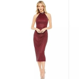 Mac‎ Duggal, Hand Embellished Halter Midi Sheath Dress,Burgundy, Size 2
